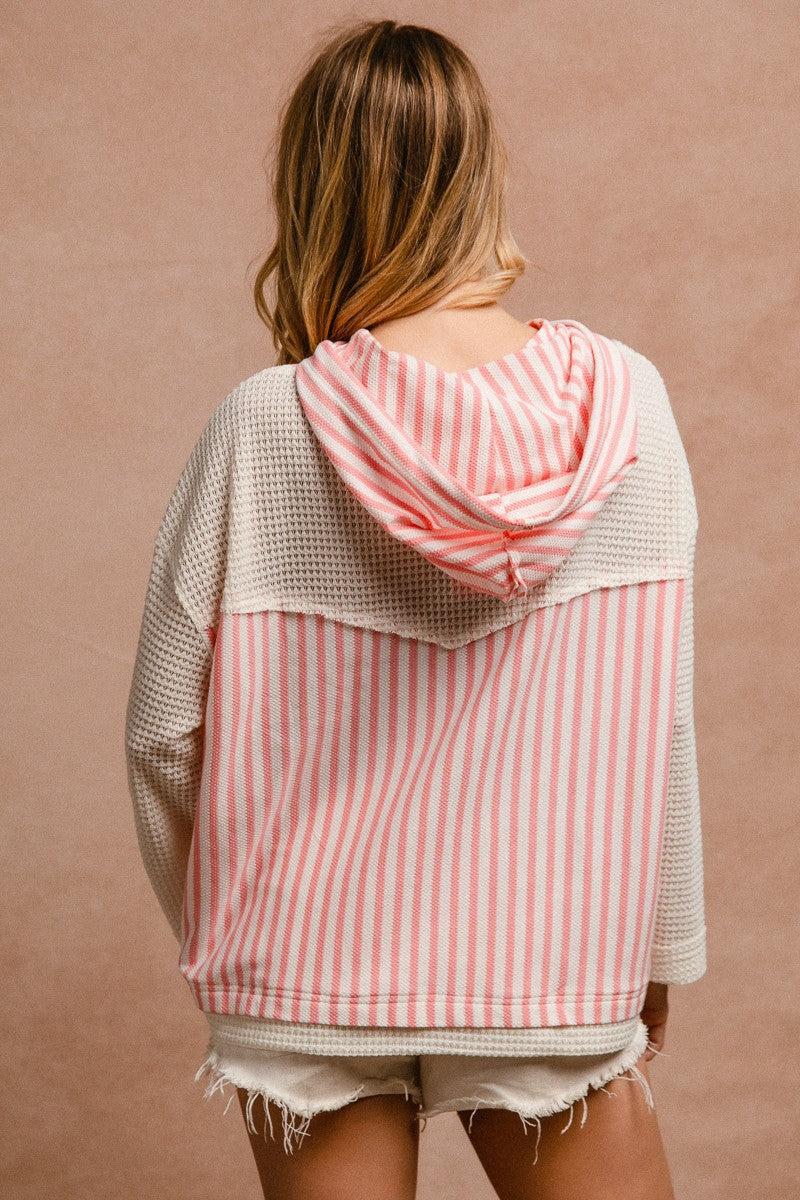 Curvy Pink Leopard and Stripe Mixed Material Hooded Top