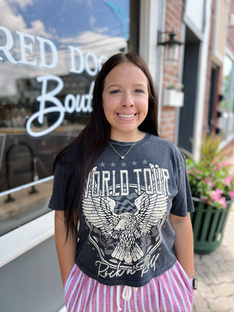 Black Cropped World Tour Rock N Roll Graphic Tee