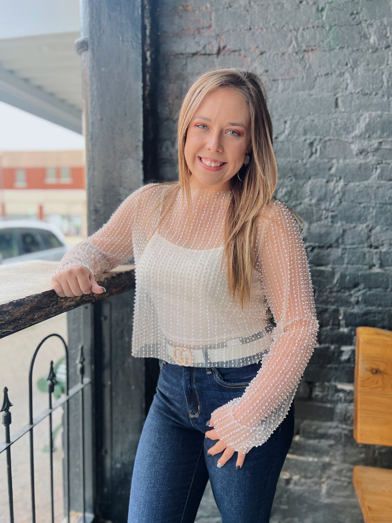 Nude Sheer Pearl Cropped Top