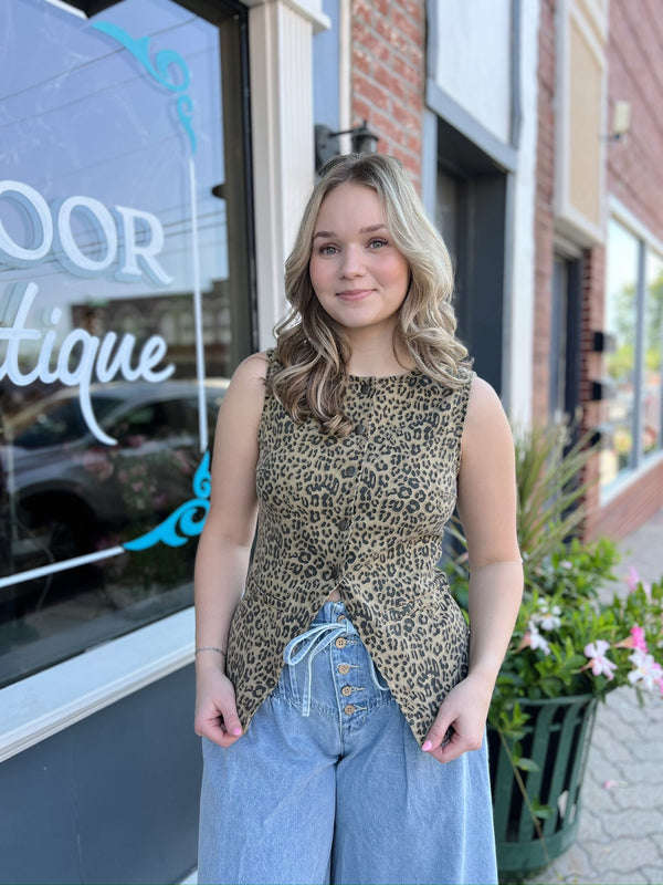 Leopard Printed Denim Button Up Vest