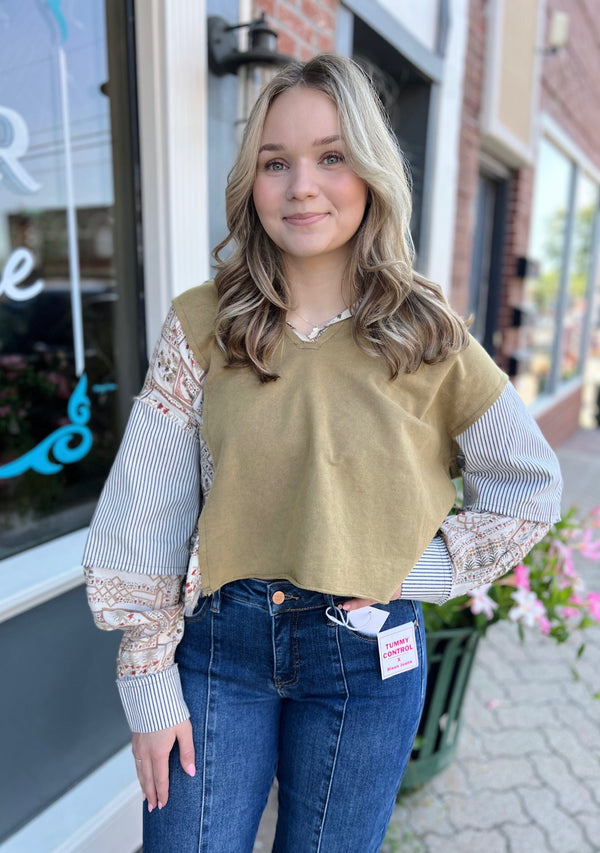 Olive Striped Floral Textured Collared Shirt