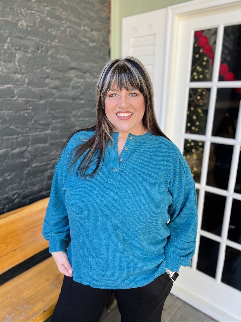 Curvy Exposed Seam Henley Sweater