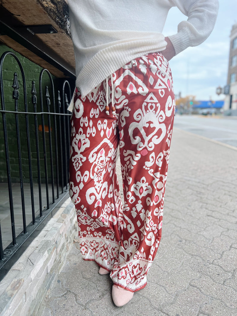 Printed Wide Leg Satin Pants