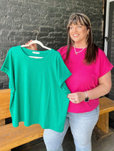 Curvy Relaxed Fit Round Neck Rolled Sleeve Top