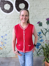 Red Ribbed Finish Button Down Sweater Vest