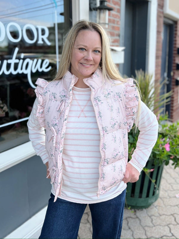 Pink Floral Puffer Vest With Ruffle Shoulder