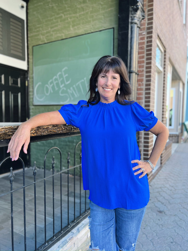 Royal Blue Ruffle Neck Top