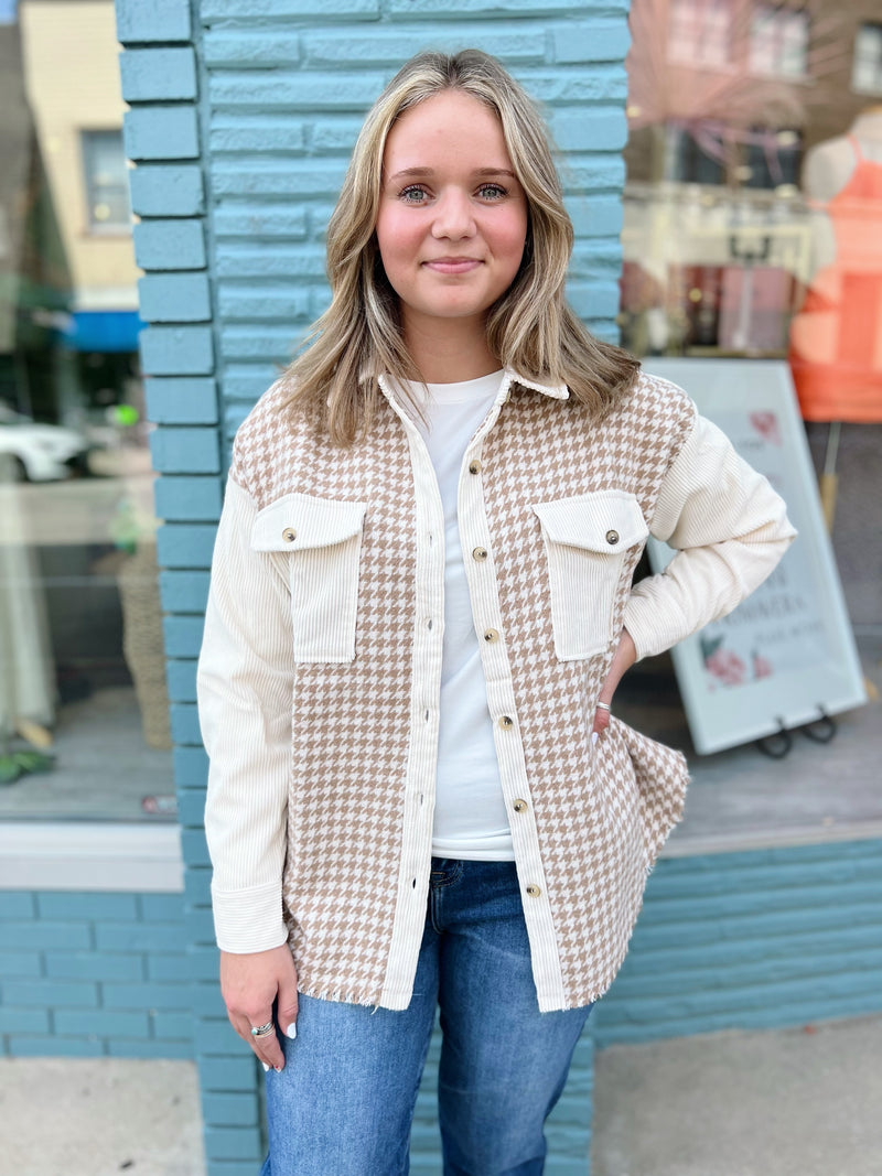 Tan Houndstooth Contrast Shacket