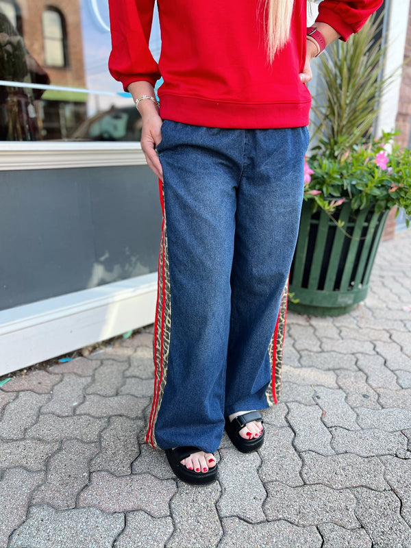Leopard Red Trim Drawstring Waist Jeans