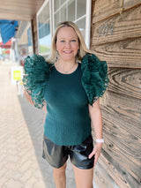 Ribbed Leopard Tulle Sleeve Top