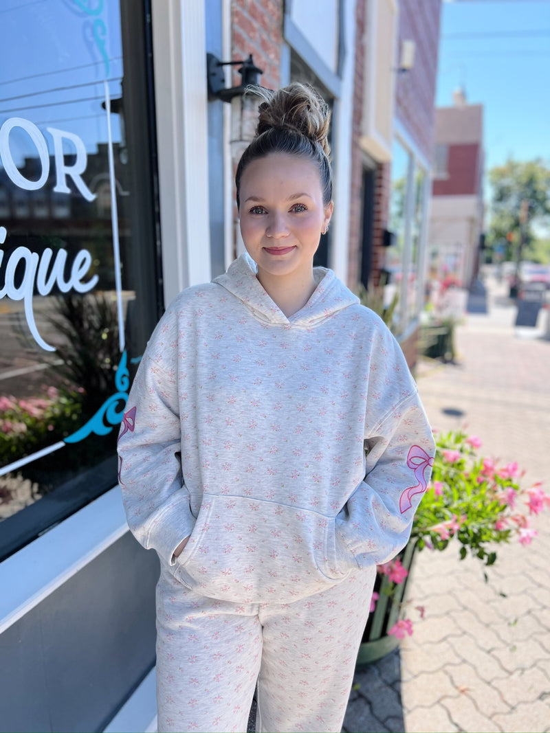 Ditzy Floral Hoodie Top With Embroidered Bows