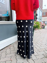 Black Satin Maxi Skirt with Elastic Waist in Polka Dot
