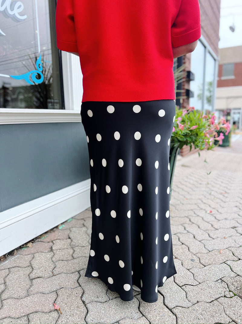 Black Satin Maxi Skirt with Elastic Waist in Polka Dot