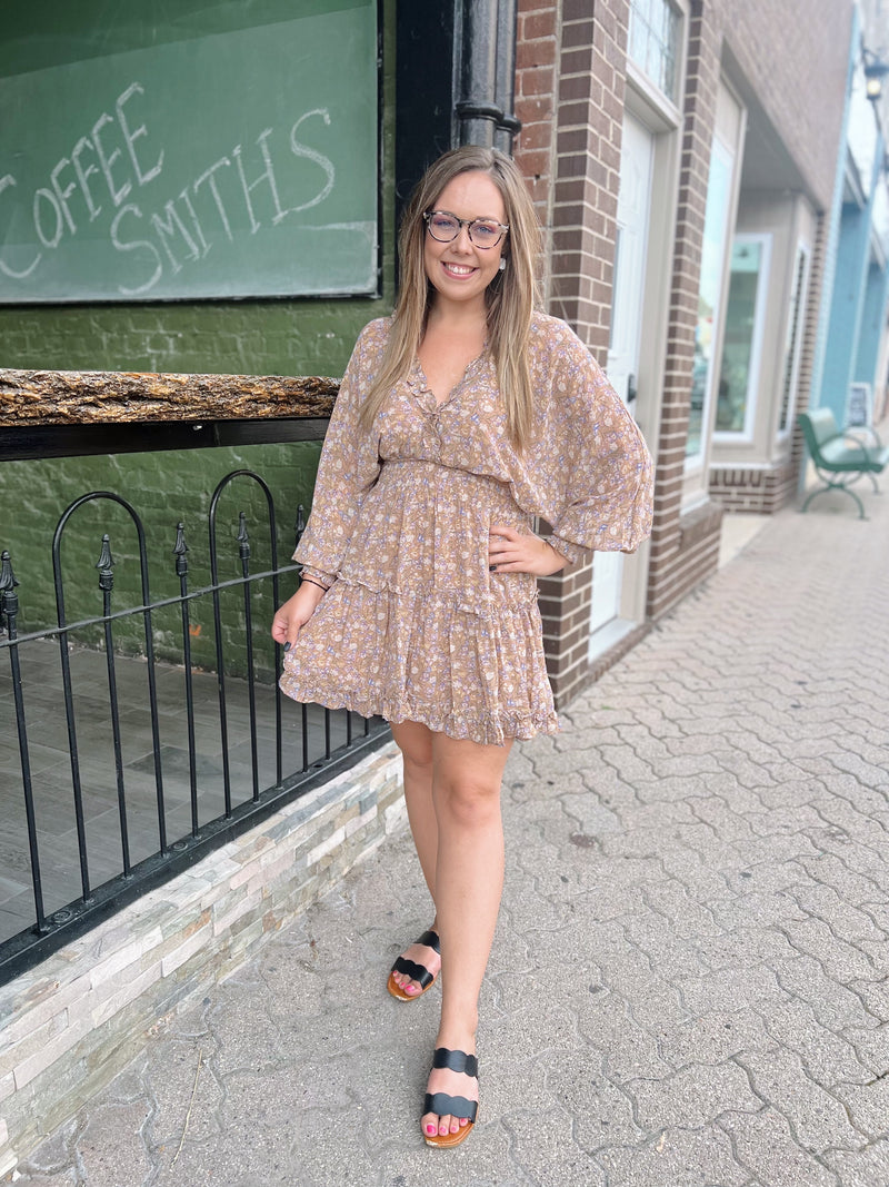 Taupe Floral V-Neck Dress