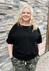 Curvy Black Linen Scalloped Frayed Hem Top