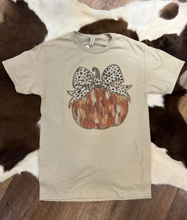Gold Glitter Pumpkin Bow Beige Tee