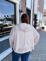Curvy Oatmeal Floral Bubble Sleeve Hooded Top