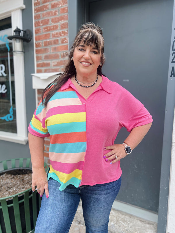 Pink Collared Contrast Striped Top
