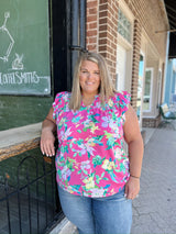 Curvy Pink Floral Smocked Detail Top