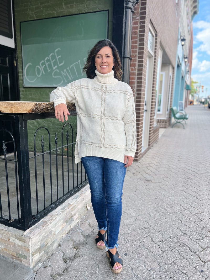 Cream Big Plaid Turtleneck Sweater
