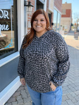 Curvy Gray Leopard Print Ribbed Hoodie