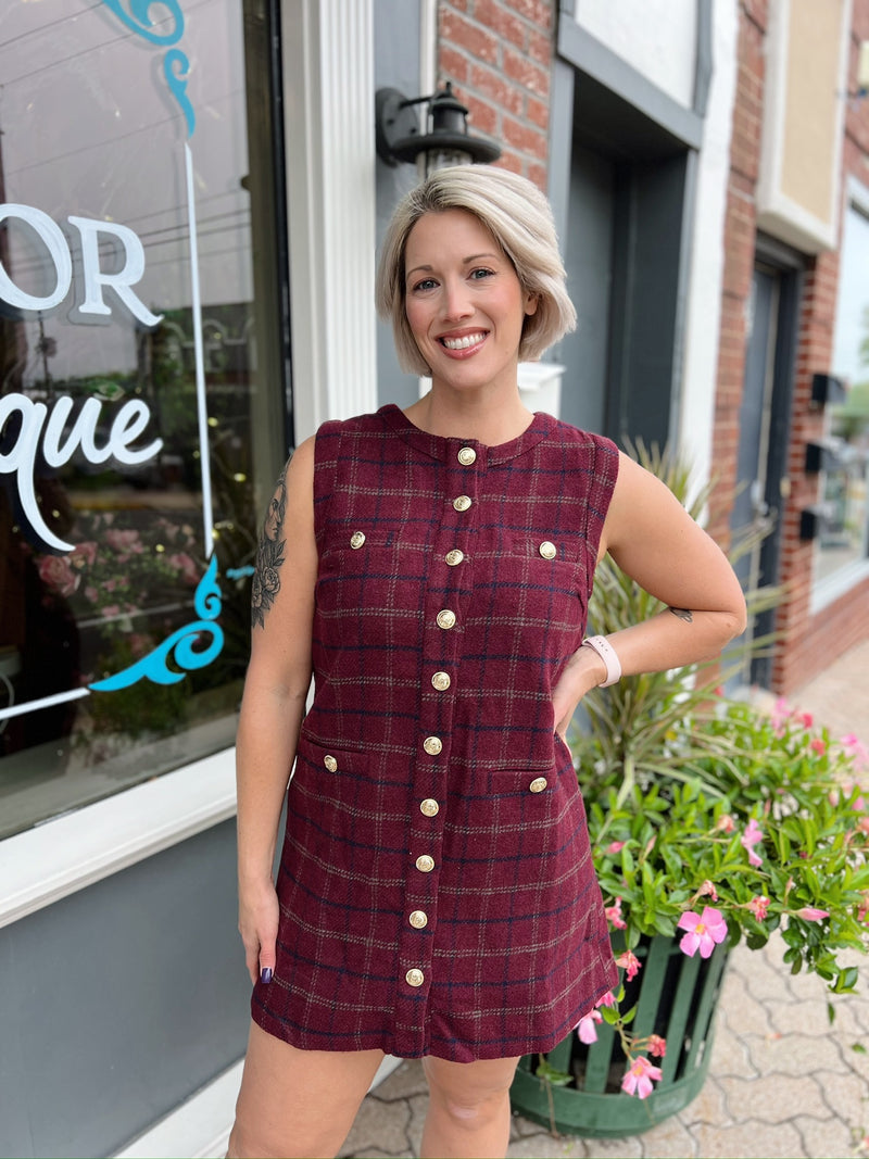 Plaid Tweed Button Down Sleeveless Dress