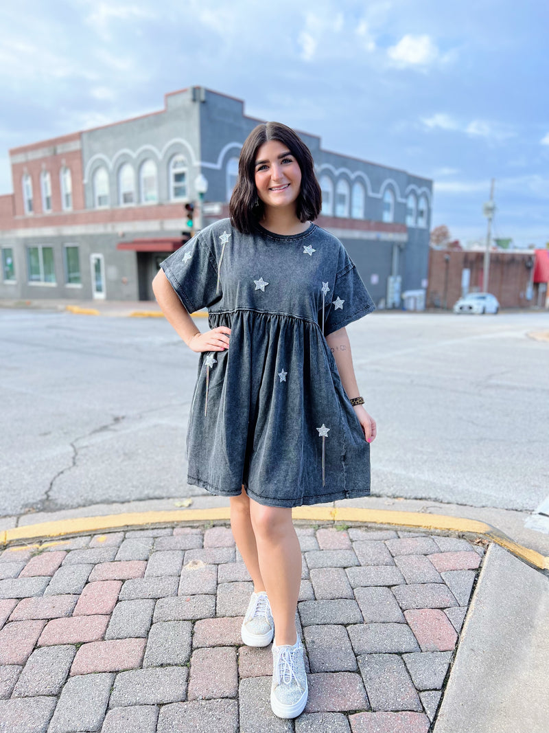 Black Mineral Wash Star Dress