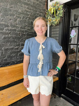 Denim Top with Front Ribbon Tie