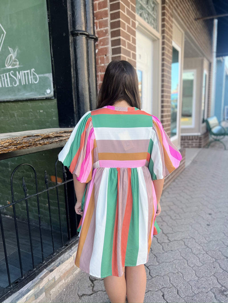 Multi Color Striped Front Tie Babydoll  Dress