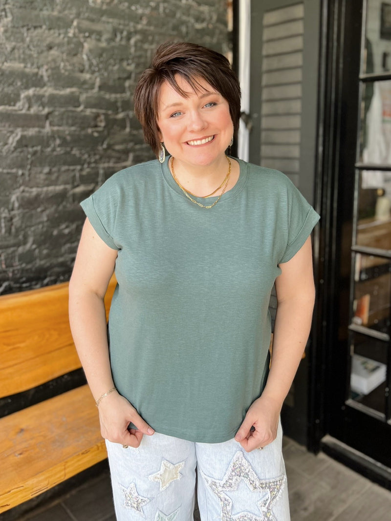 Relaxed Fit Round Neck Rolled Sleeve Top
