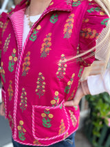 Magenta Floral Patterned Vest With Pockets