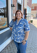 Curvy Blue Printed V-neck Top