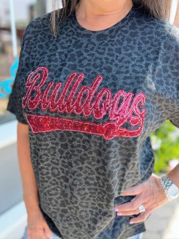 Black Leopard Tee With Maroon Sequin Bulldogs Logo