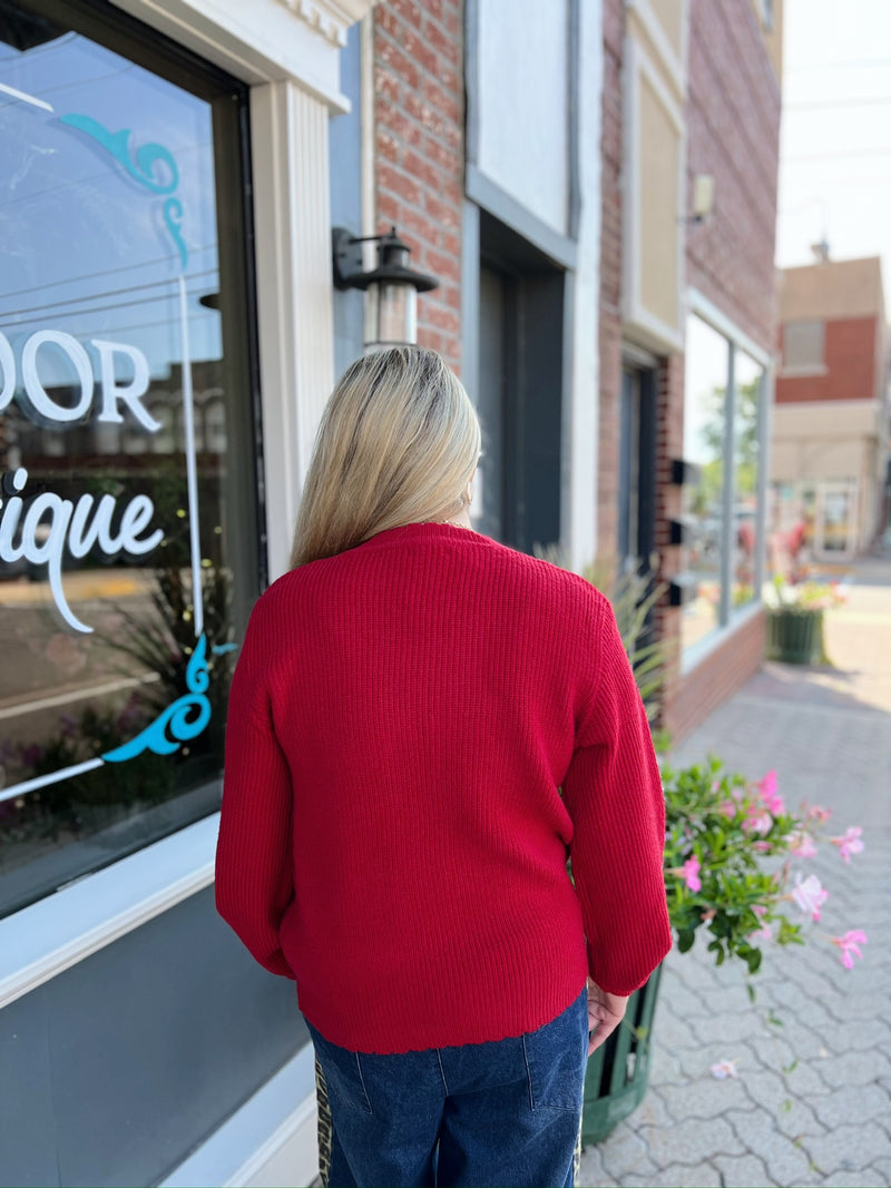 Red Round Neck Cardigan With Pearl Bow Buttons