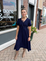 Blue V Neck Front Ties Smocked Puff Sleeve Dress