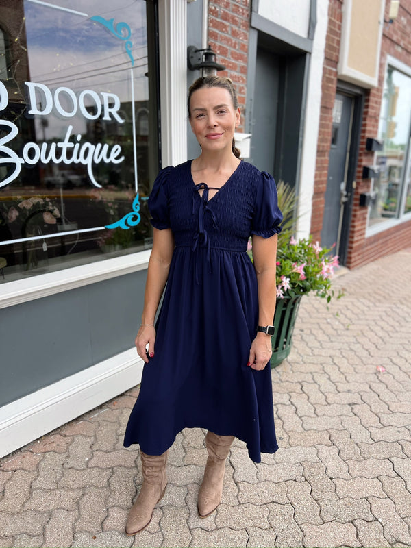 Blue V Neck Front Ties Smocked Puff Sleeve Dress