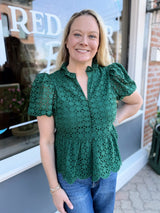 Green Puff Sleeve Eyelet Embroidered Top