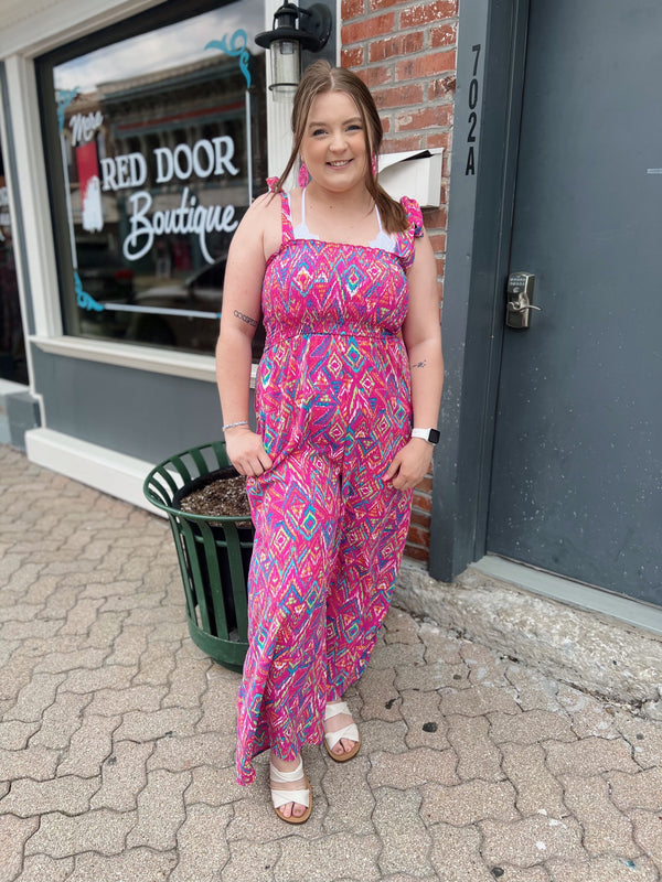 Pink Mix Abstract Print Smocked Jumpsuit