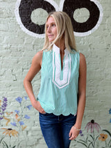 Green Striped Contrast V-Neck Sleeveless Top