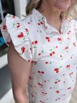 Ivory Cherry Print Ruffle Sleeve Top