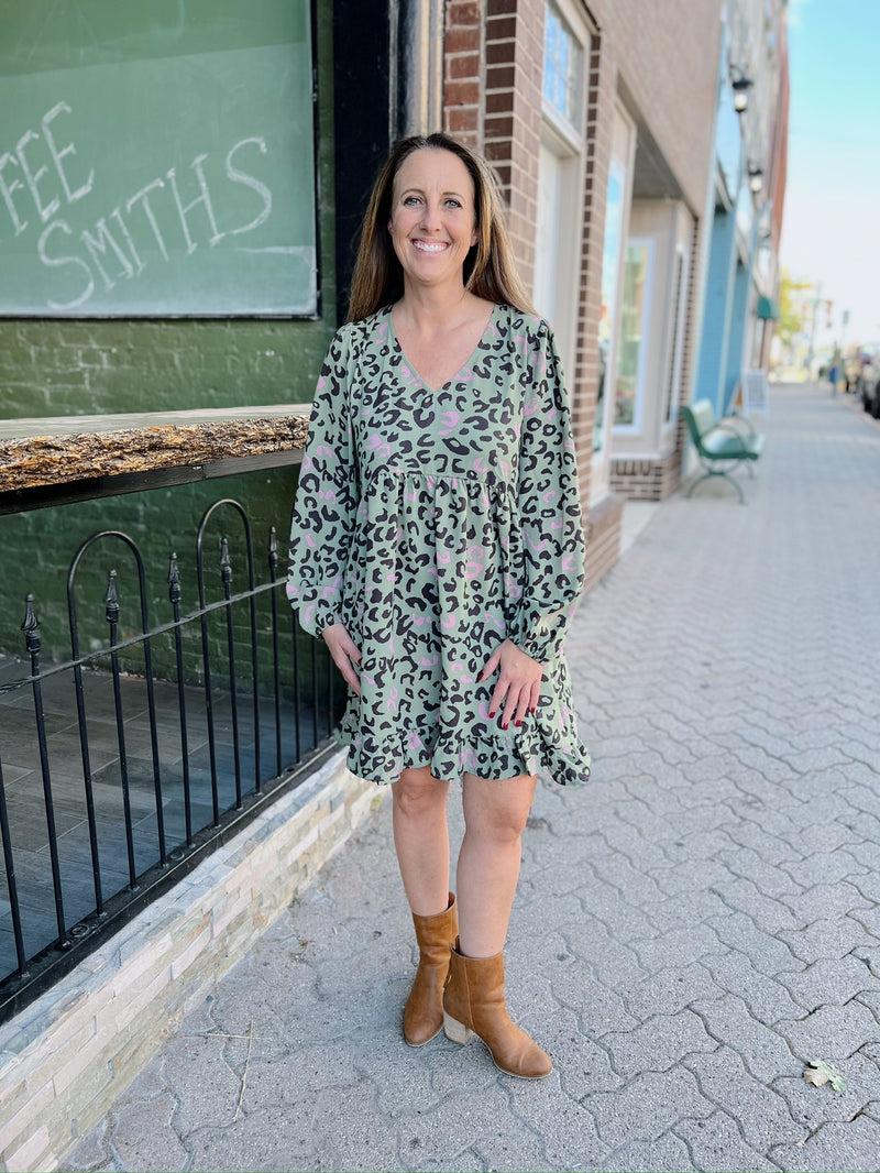 Olive Leopard Babydoll Dress