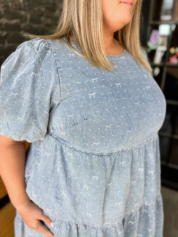 Curvy Denim Blue Bow Print Dress with Balloon Sleeves