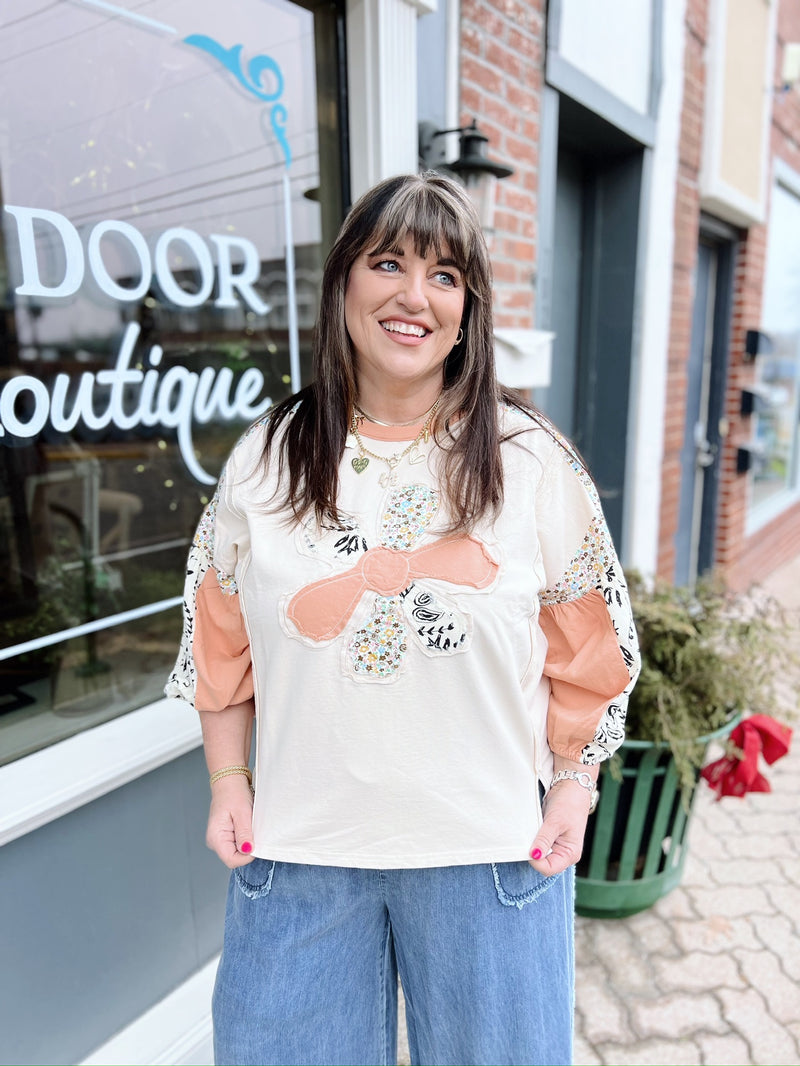 Beige 3/4 Balloon Sleeve Raw Hem Top with Floral Patchwork