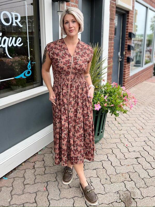 Dusty Rose Smocked Waist Zip Front Dress