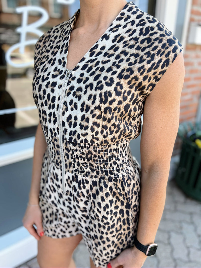 Leopard Cap Sleeve Front Zip with Pockets Romper