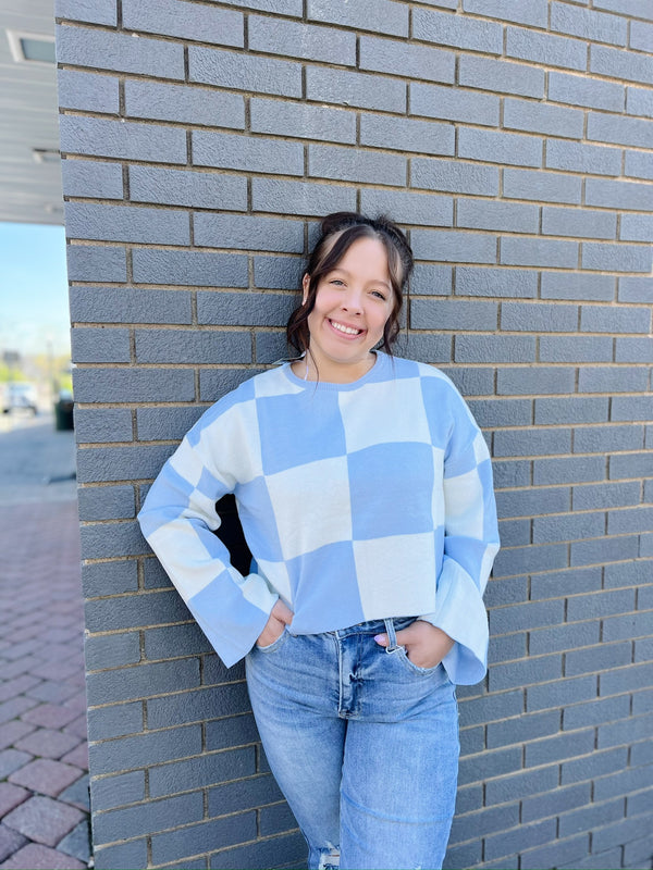 Blue Checkered Wide Sleeve Top