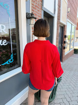 Red Pleat Back Detail Button Front Top