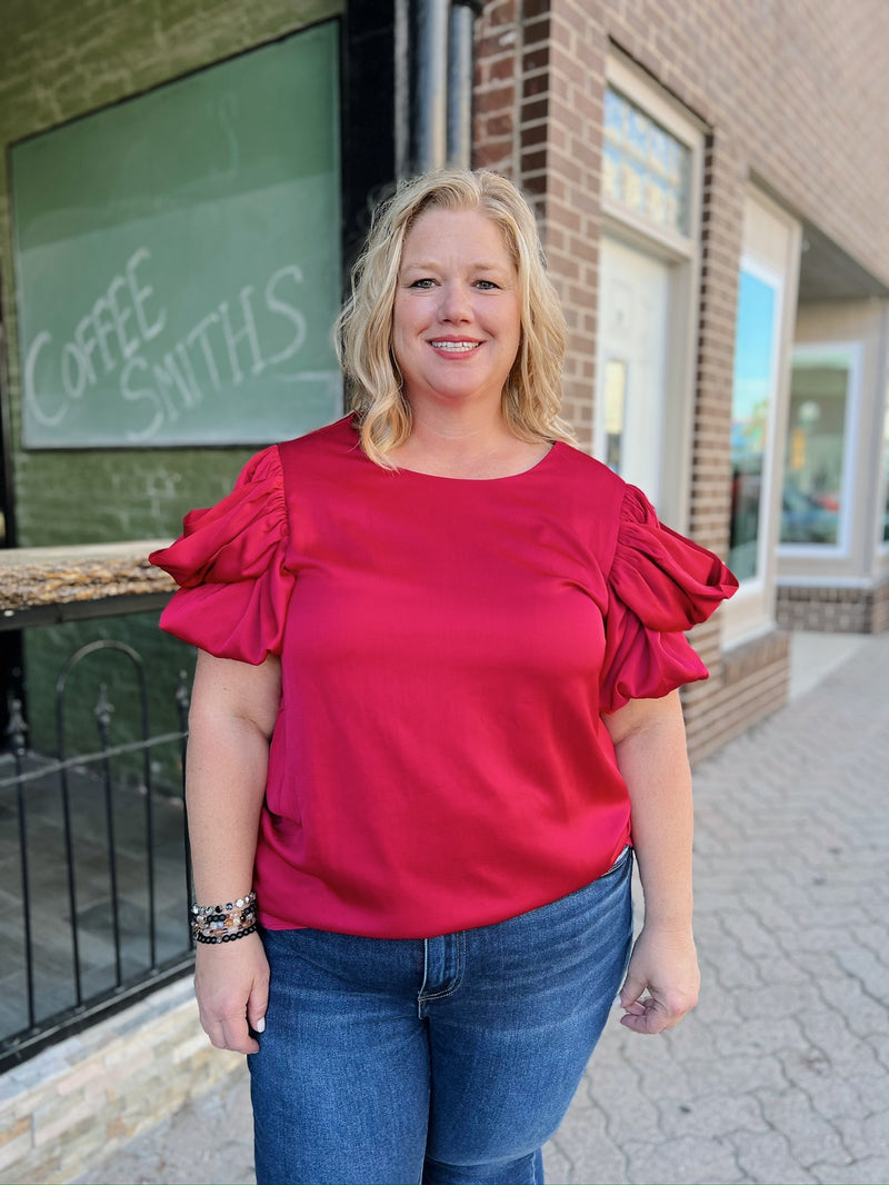 Curvy Ruby Crossed Puff Sleeve Silk Top