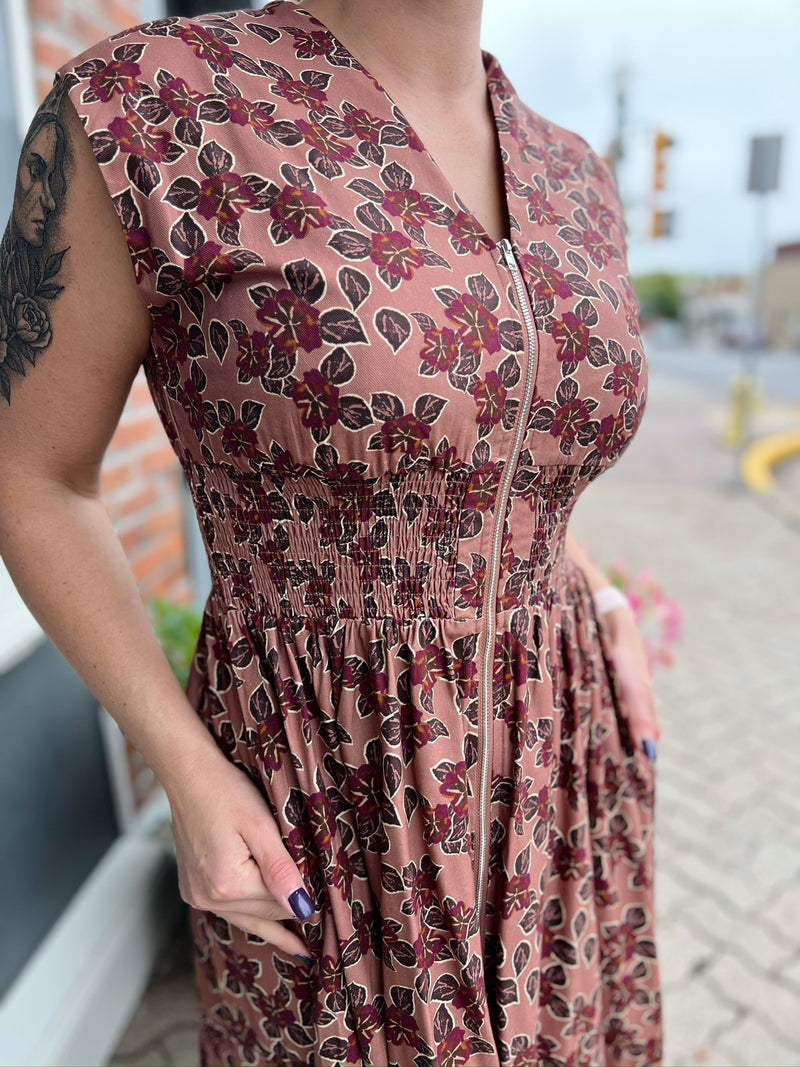 Dusty Rose Smocked Waist Zip Front Dress