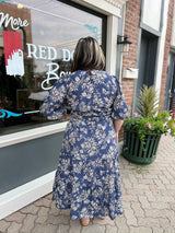 Curvy Dusty Blue Floral V-Neck Dress
